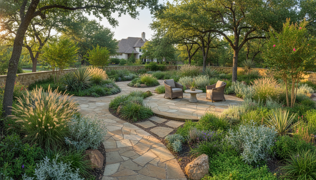 Beautifully designed residential garden with winding pathway and lush greenery