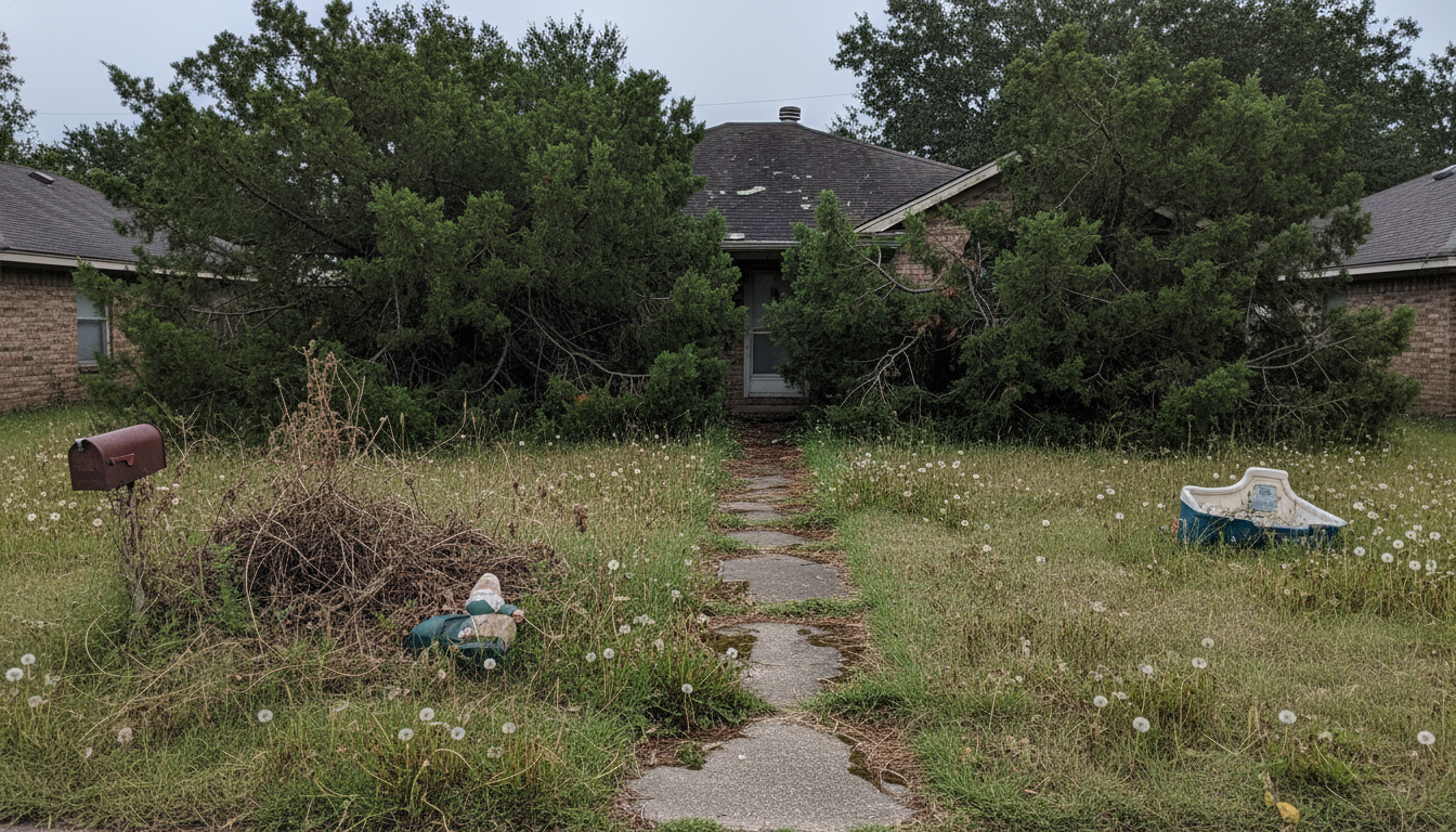 Before: Overgrown, patchy lawn with unkempt hedges