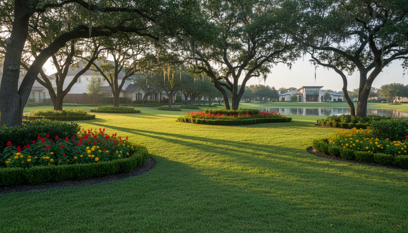Meticulously manicured landscape with lush green lawn and vibrant flower beds