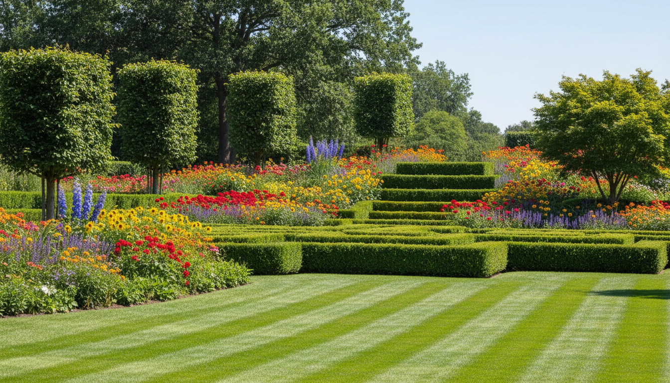 Diverse landscape showcasing various landscaping elements including lawn, hedges, and trees